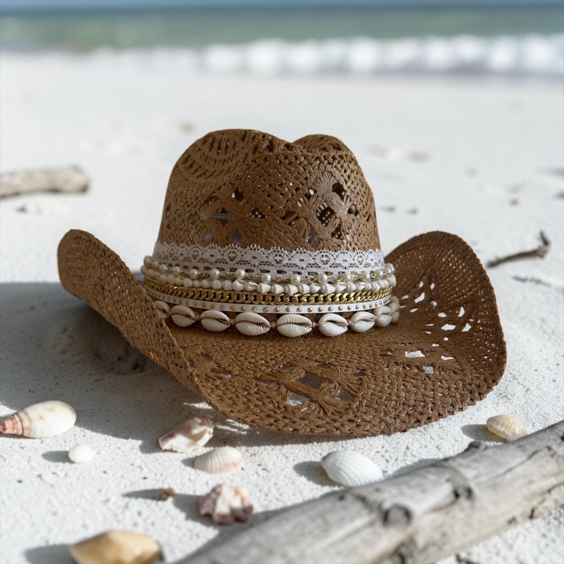 Sunkissed by Chrissy luxury straw cowboy hat for women with wide brim, shell trim, perfect for beach, summer, and resort vacations