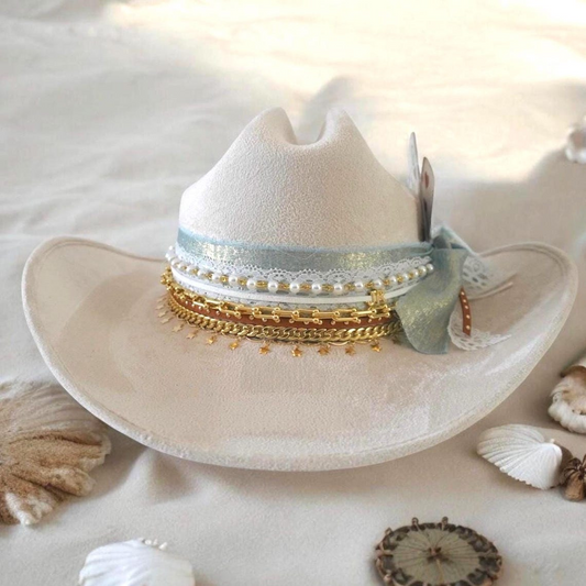 Custom coastal cowgirl hat by Sunkissed by Chrissy featuring shabby chic style with jeweled western design, perfect for beach or bachelorette events.