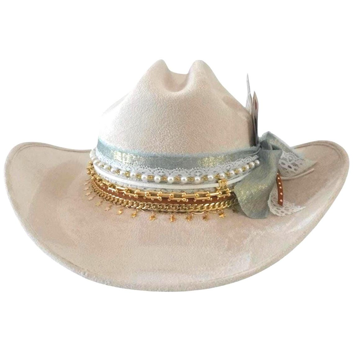 Custom coastal cowgirl hat by Sunkissed by Chrissy featuring shabby chic style, jeweled western design, perfect for beach or bachelorette fun.