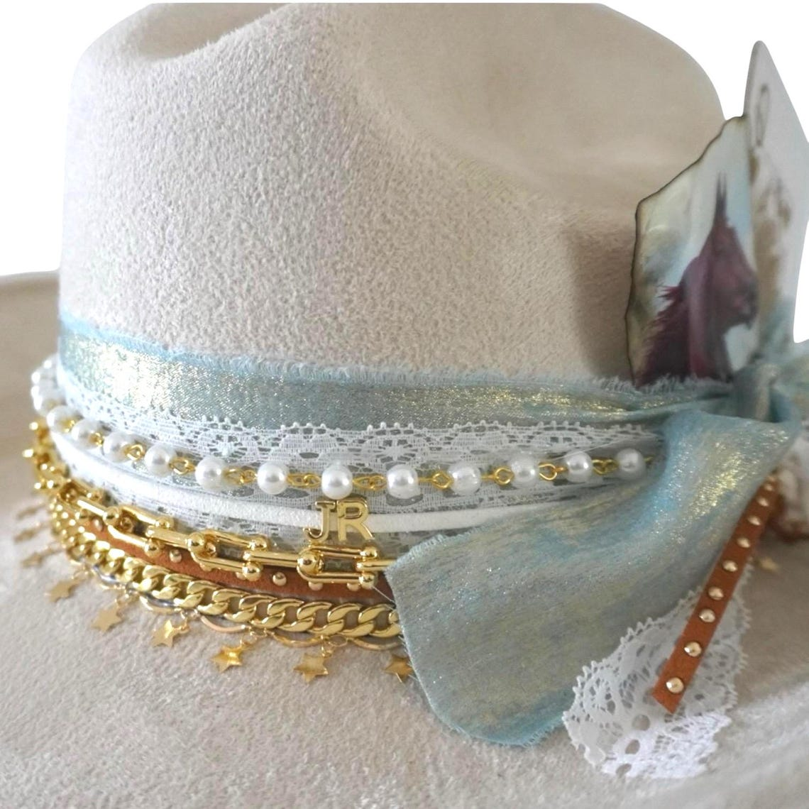 Custom coastal cowgirl hat by Sunkissed by Chrissy featuring shabby chic jewels, Western style, perfect for beach or bachelorette events.