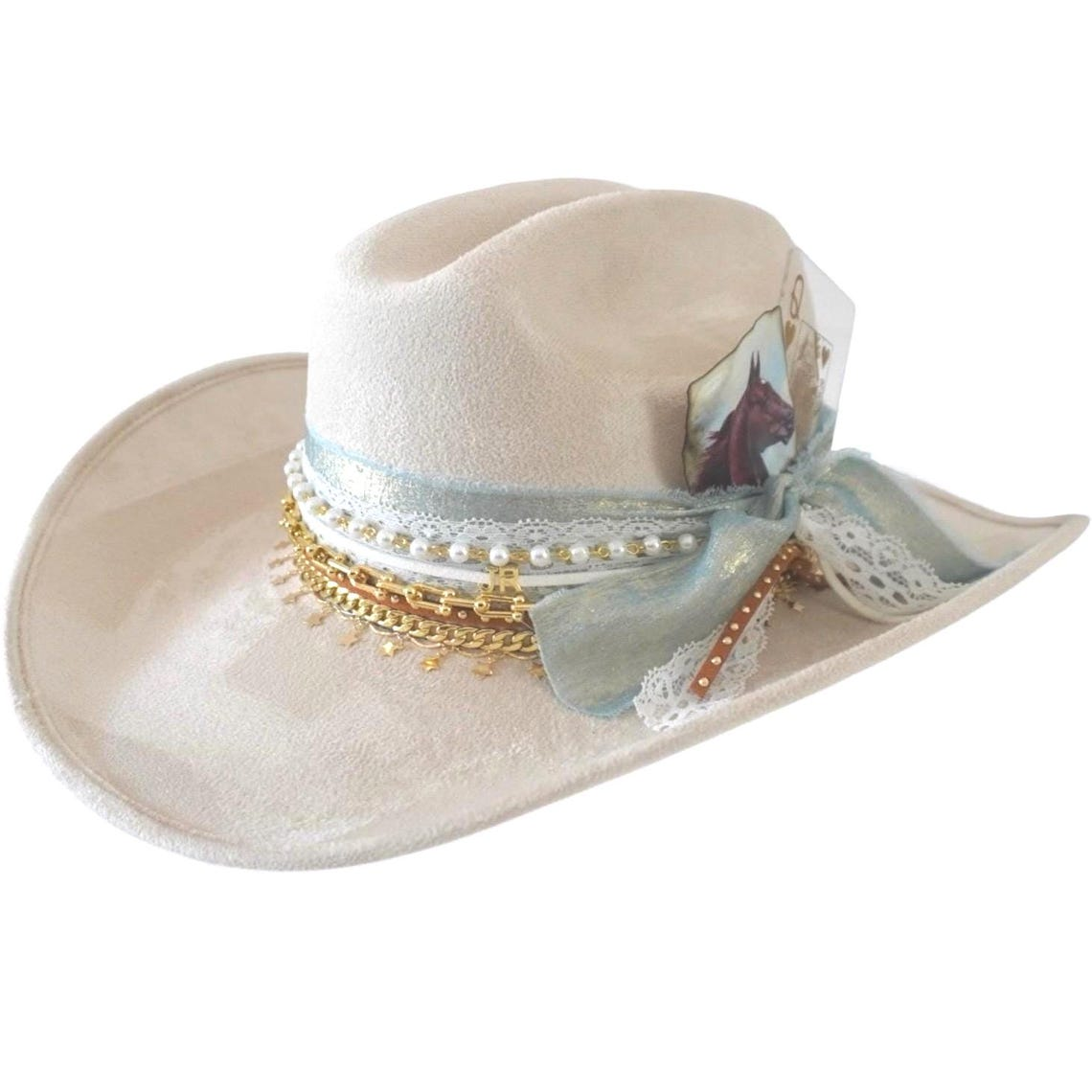 Personalized coastal cowgirl hat by Sunkissed by Chrissy with shabby chic jewels, perfect for bachelorette beach or western style.