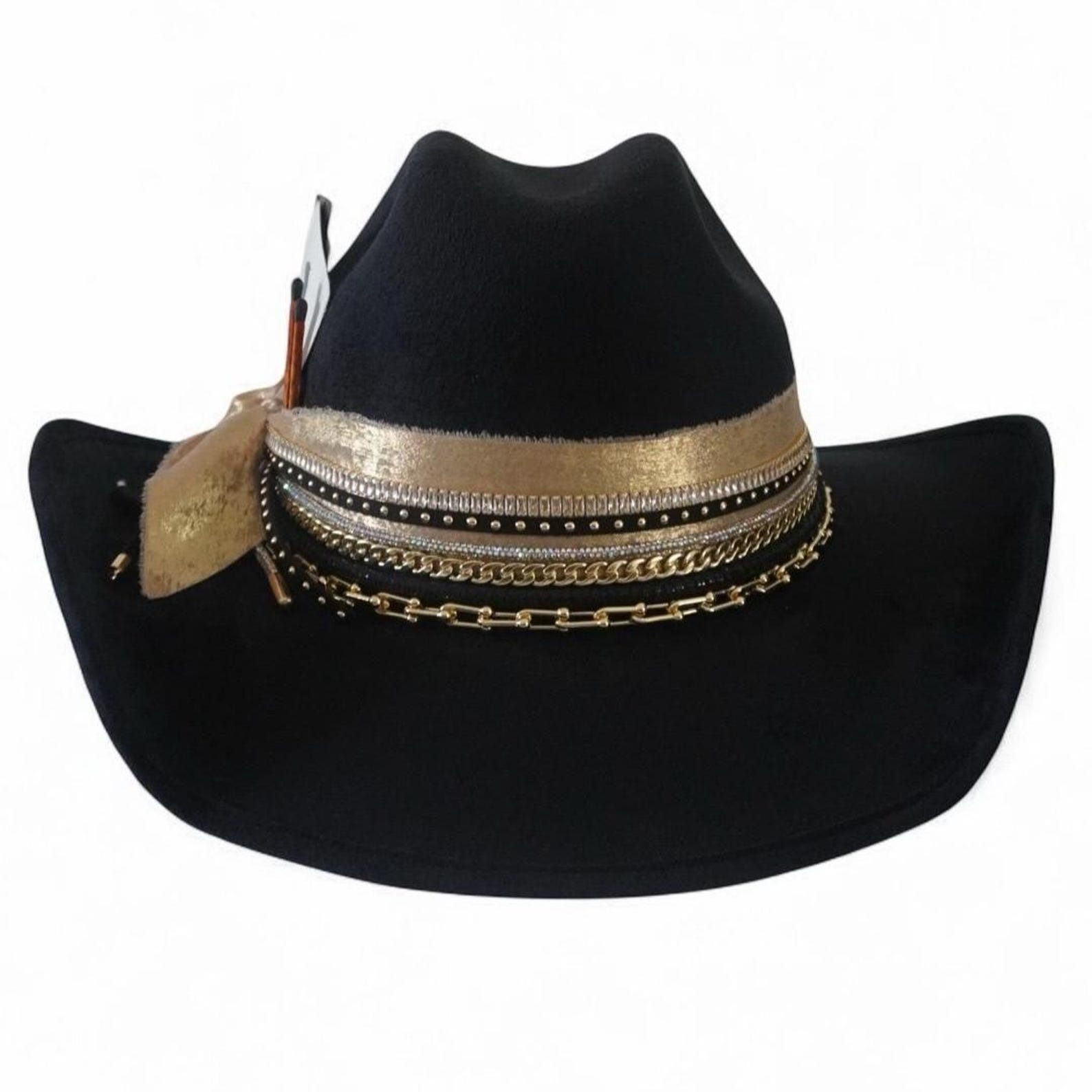 Black cowboy hat with jeweled embellishments by Sunkissed by Chrissy, perfect for western, concert, or rodeo travel outfits.