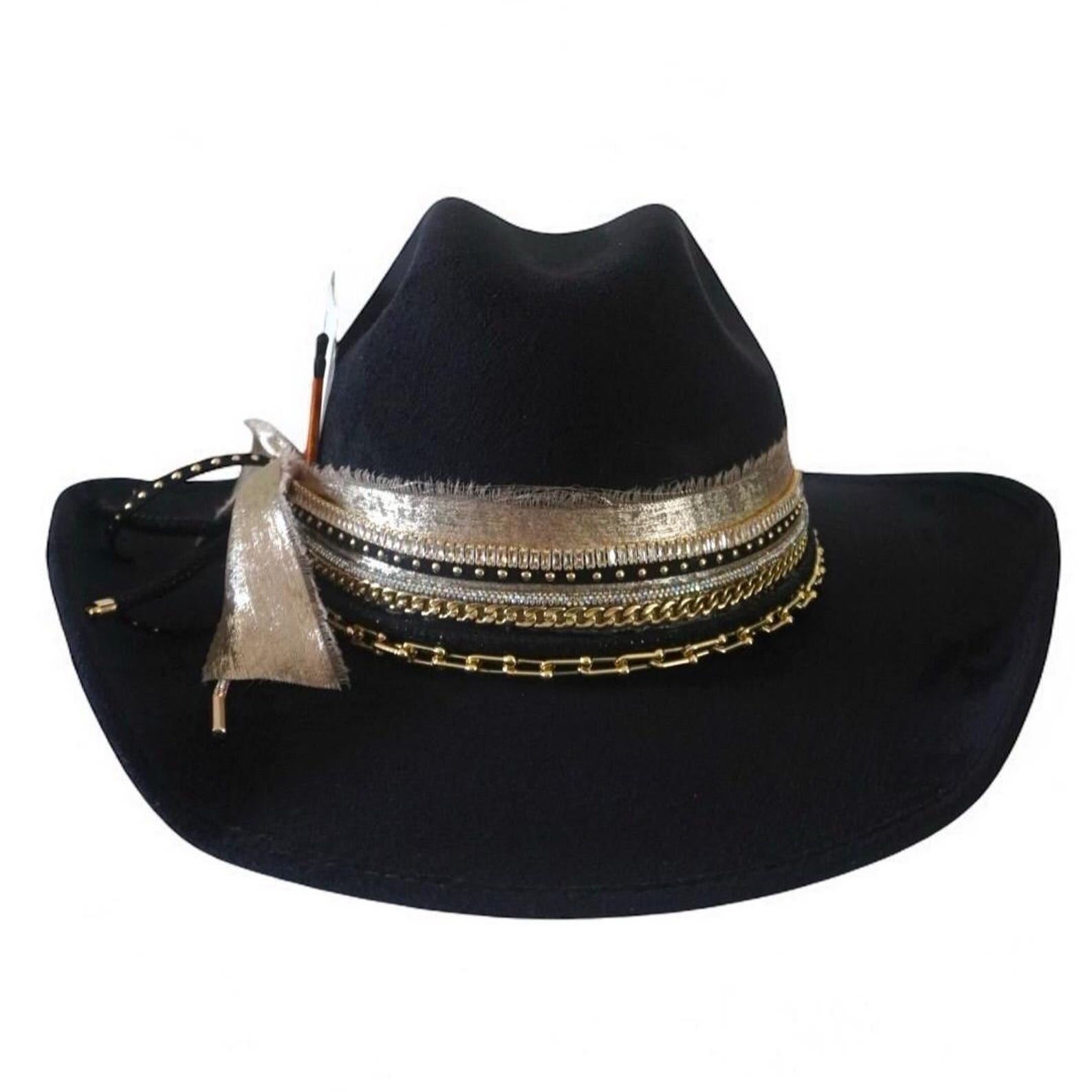 Black cowboy hat with jeweled embellishments, Western glam style, perfect for ski, concert, or travel outfits, by Sunkissed by Chrissy.