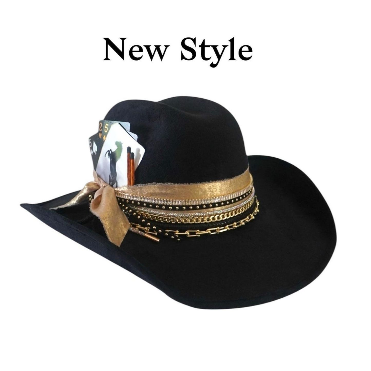 Black cowboy hat with jeweled embellishments, Western style, perfect for ski, concert, or rodeo outfits, by Sunkissed by Chrissy.