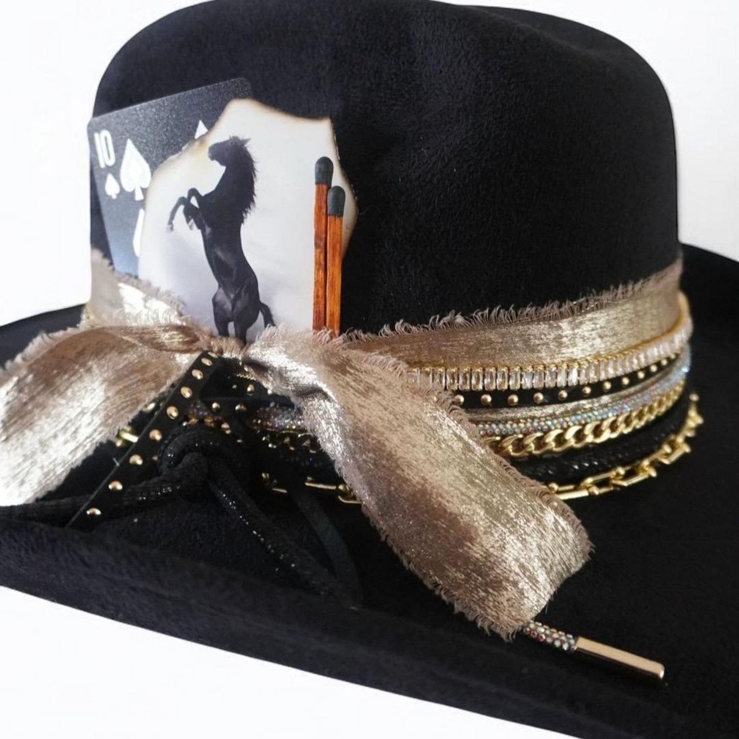 Black cowboy hat with jeweled accents, western style by Sunkissed by Chrissy, perfect for ski, concert, or rodeo travel outfits