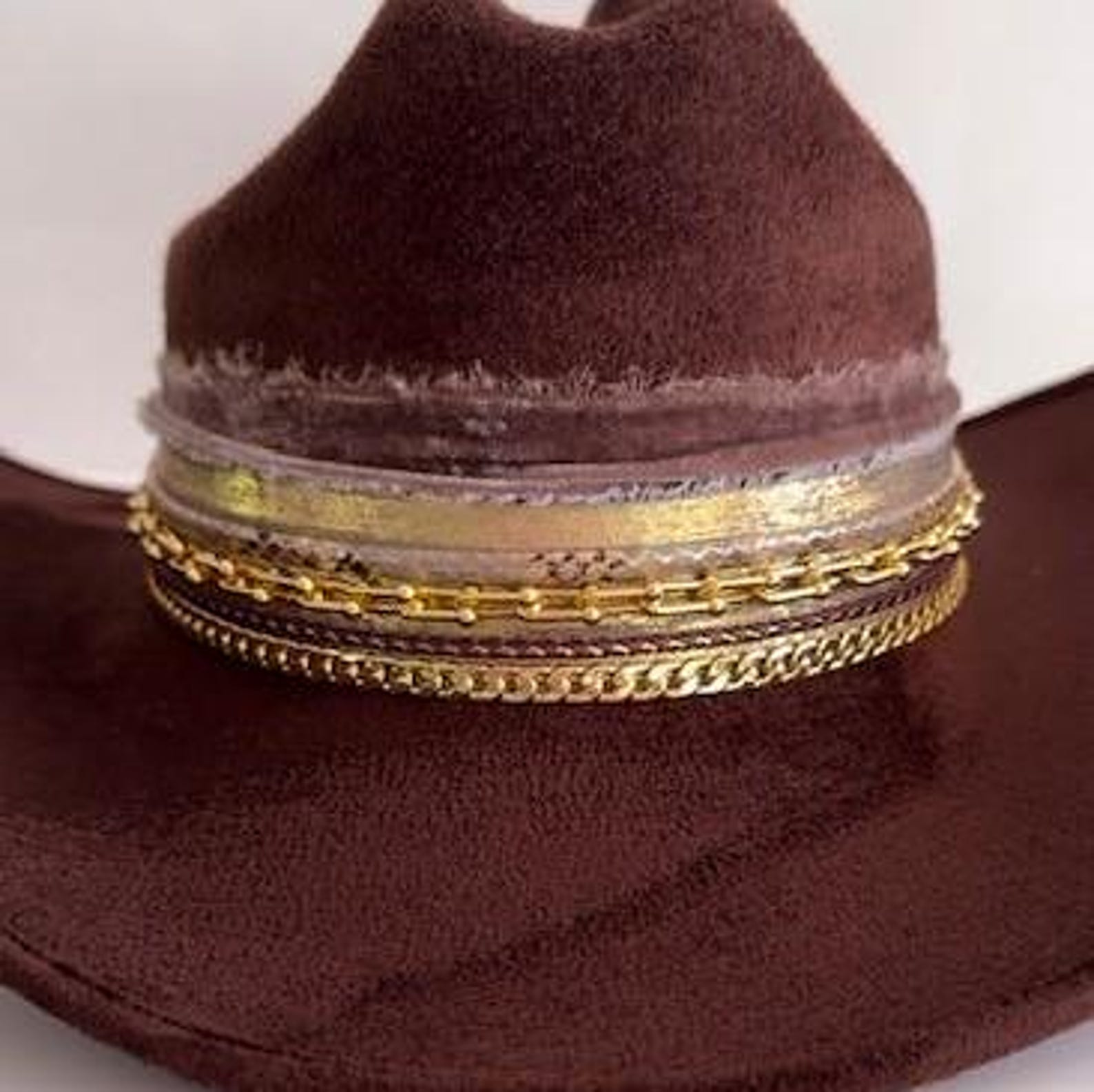 Vegan suede custom cowboy hat with personalized embellishments in burnt brown, Western style, perfect for rodeo or country wear