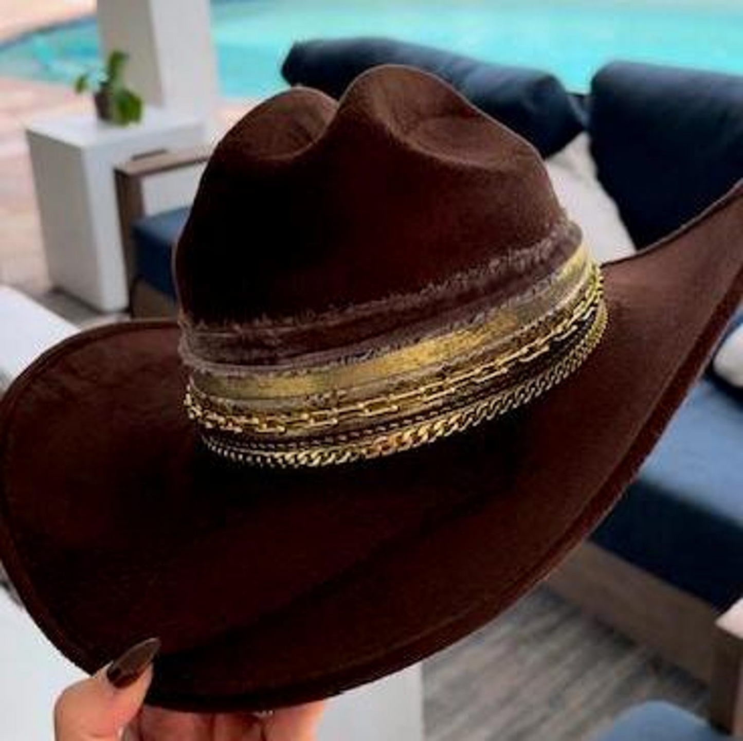 Vegan suede cowboy Western hat in burnt brown with personalized embellishments, stylish cowgirl country rodeo accessory.