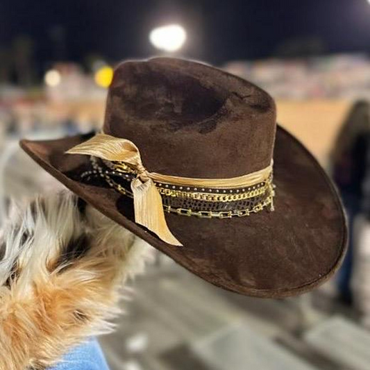 Burnt brown vegan suede cowboy hat by Sunkissed by Chrissy featuring personalized Western style for cowgirls and rodeo fans.