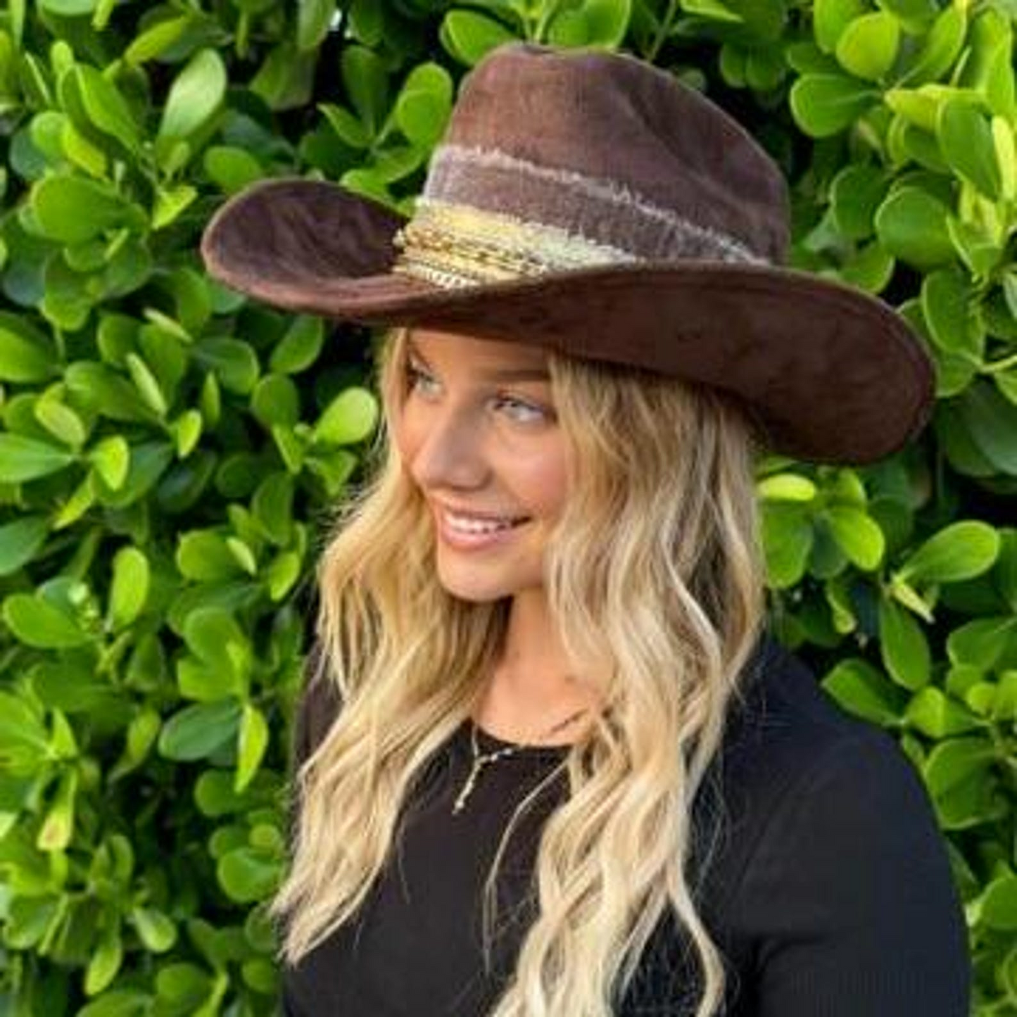 Vegan suede custom cowboy hat by Sunkissed by Chrissy in burnt brown, Western style with personalized details and cowgirl design.