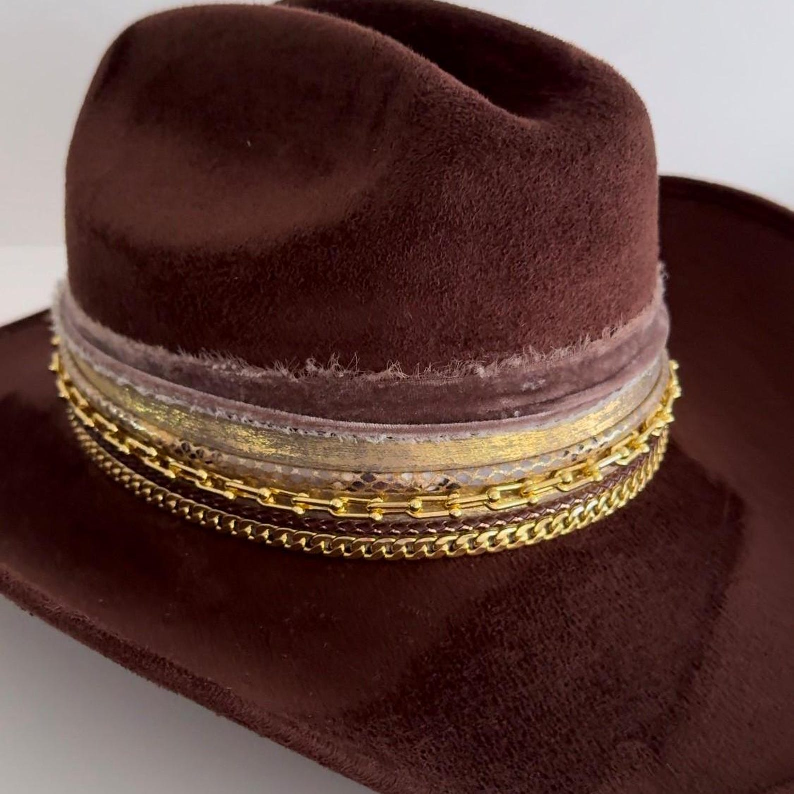 Vegan suede burnt brown cowboy Western hat with personalized customization, perfect for cowgirl, rodeo, or country style.