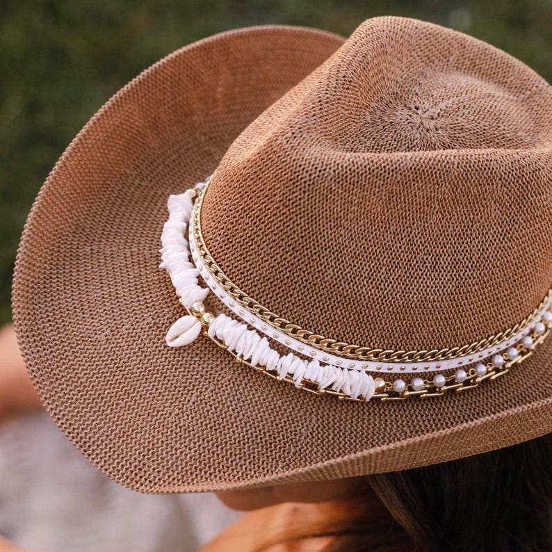 Tan Coastal Cowgirl Jeweled hat by Sunkissed by Chrissy featuring shells, perfect for beach, resort, or yacht tropical vacation wear