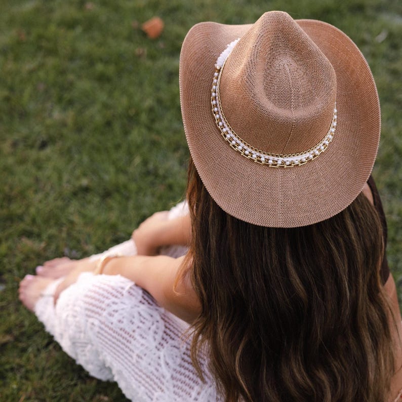 Tan Coastal Cowgirl Jeweled hat by Sunkissed by Chrissy with shell accents, perfect for beach resort and tropical yacht vacations.