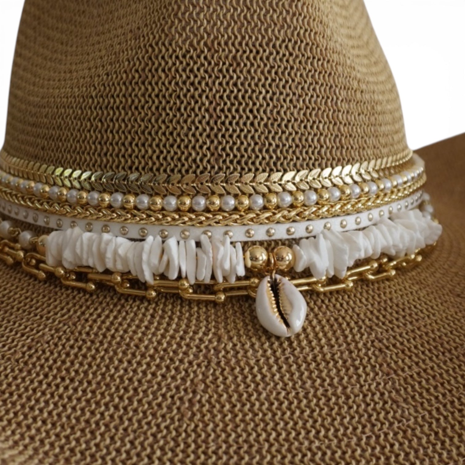 Tan Coastal Cowgirl Jeweled hat by Sunkissed by Chrissy with shells, perfect for beach resort or tropical vacation yacht wear.
