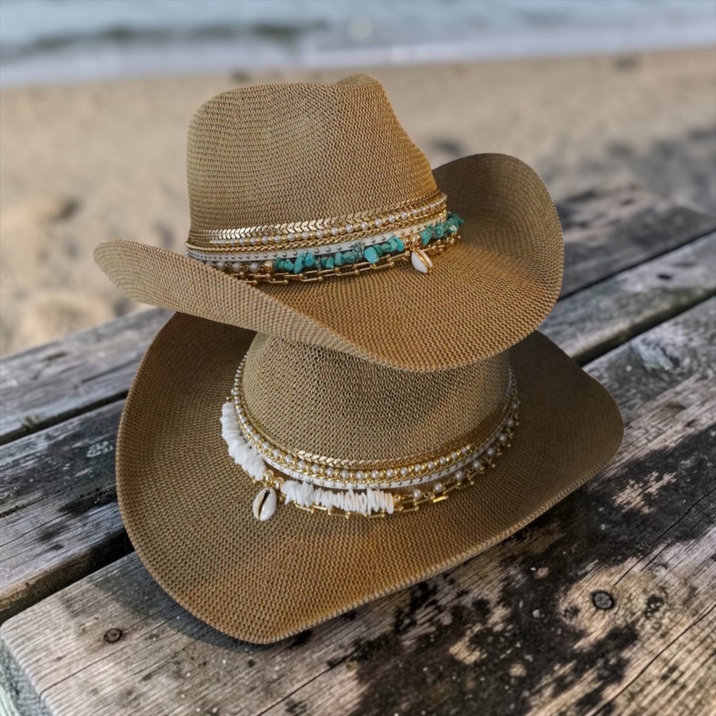 Tan Coastal Cowgirl Jeweled hat by Sunkissed by Chrissy with shell accents, perfect for beach, resort, or tropical yacht vacation wear.