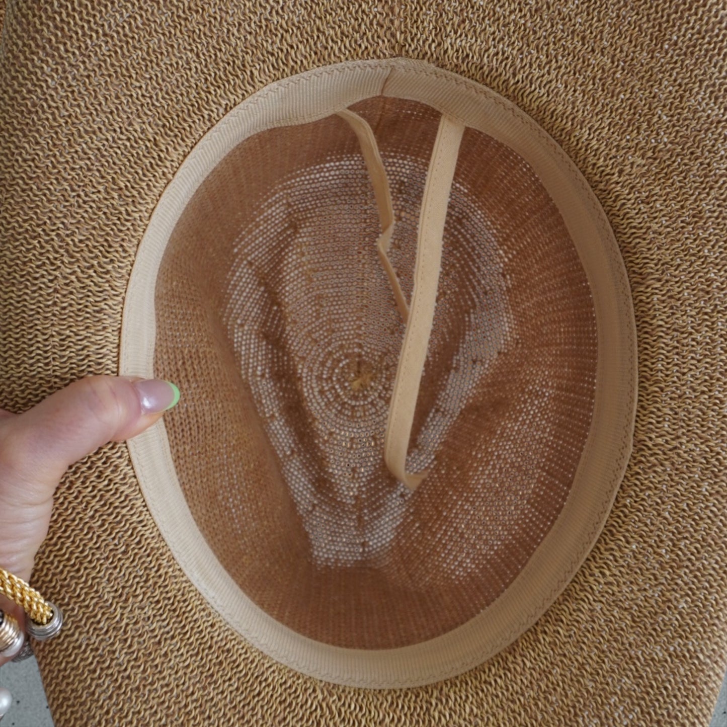 Tan coastal cowgirl jeweled hat by Sunkissed by Chrissy with shells, perfect for beach, resort, or tropical vacation attire.