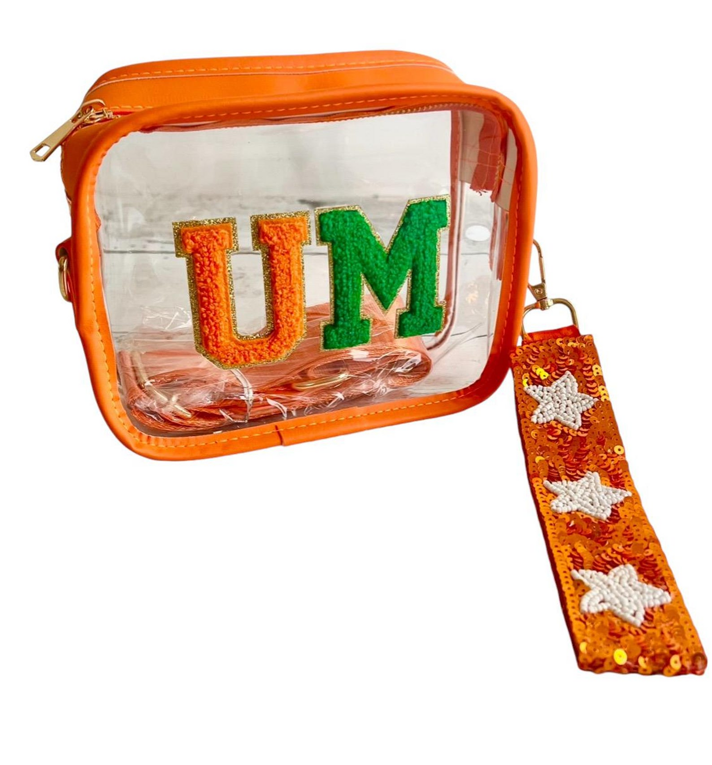 Clear stadium bag in orange and green with University of Miami Hurricanes logo, stadium approved game day purse by Sunkissed by Chrissy.
