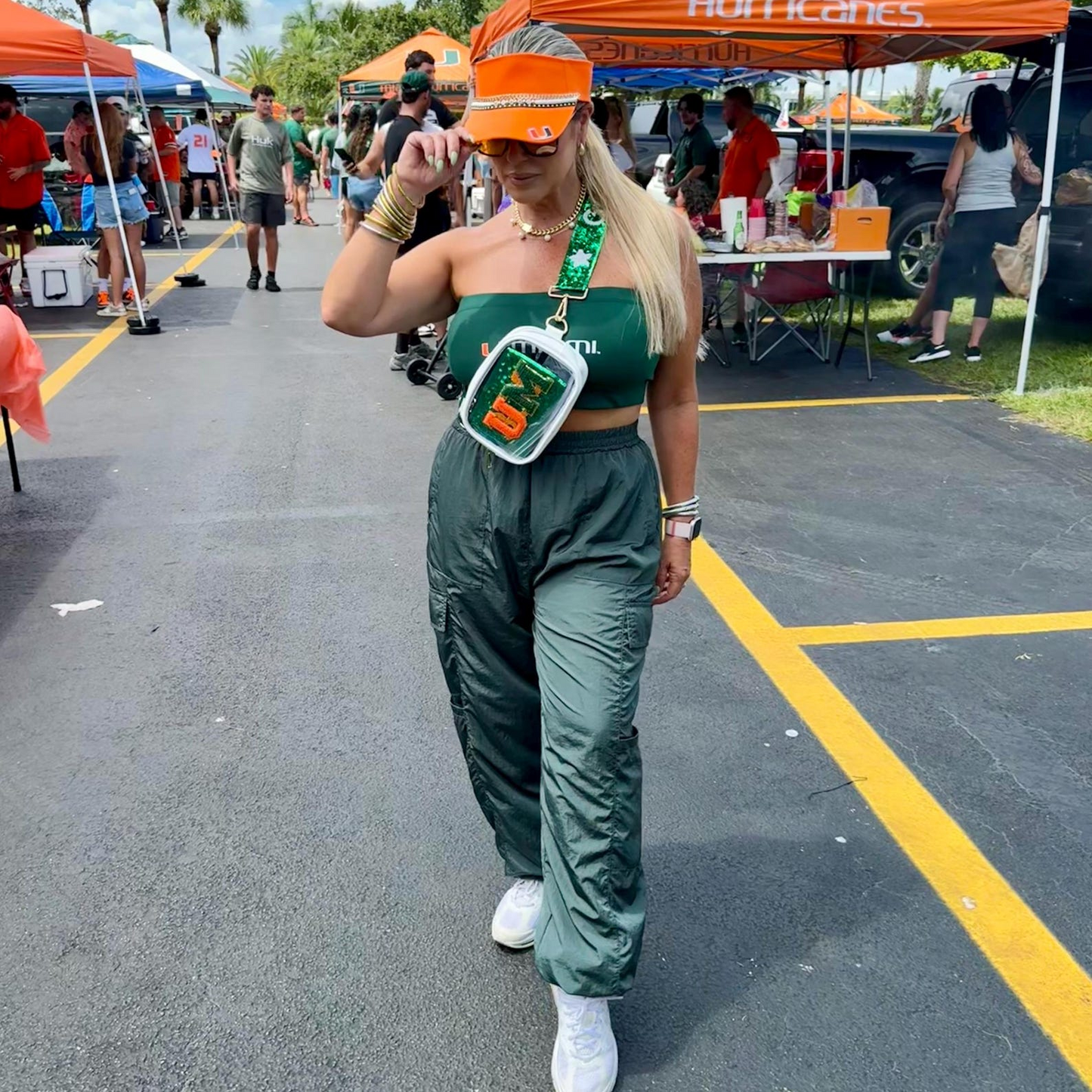 Clear stadium bag with orange and green accents, University of Miami Hurricanes logo, stadium approved game day purse by Sunkissed by Chrissy