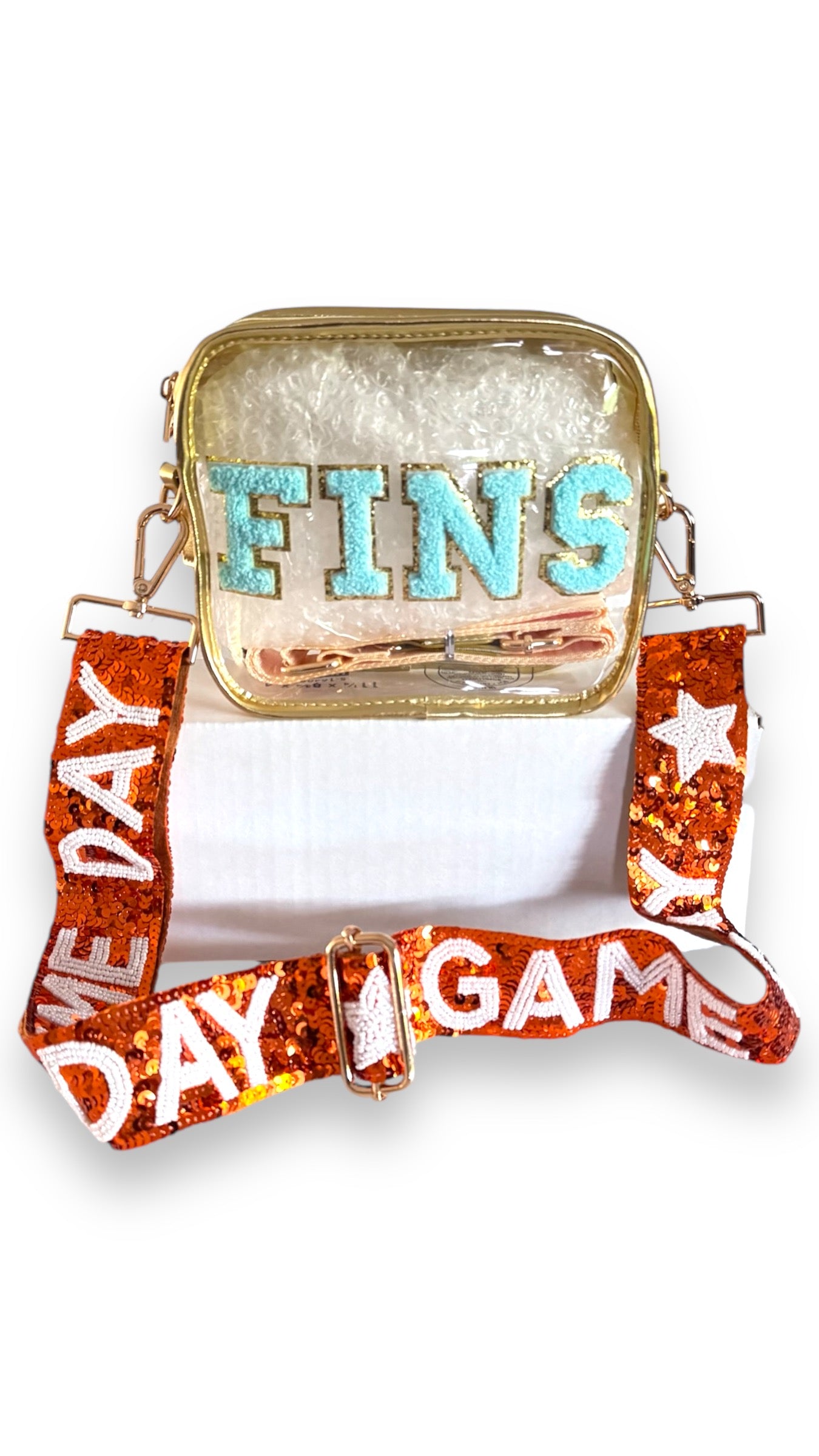 Miami Dolphins game day crossbody bag with beaded strap by Sunkissed by Chrissy, featuring team logo and stylish design.