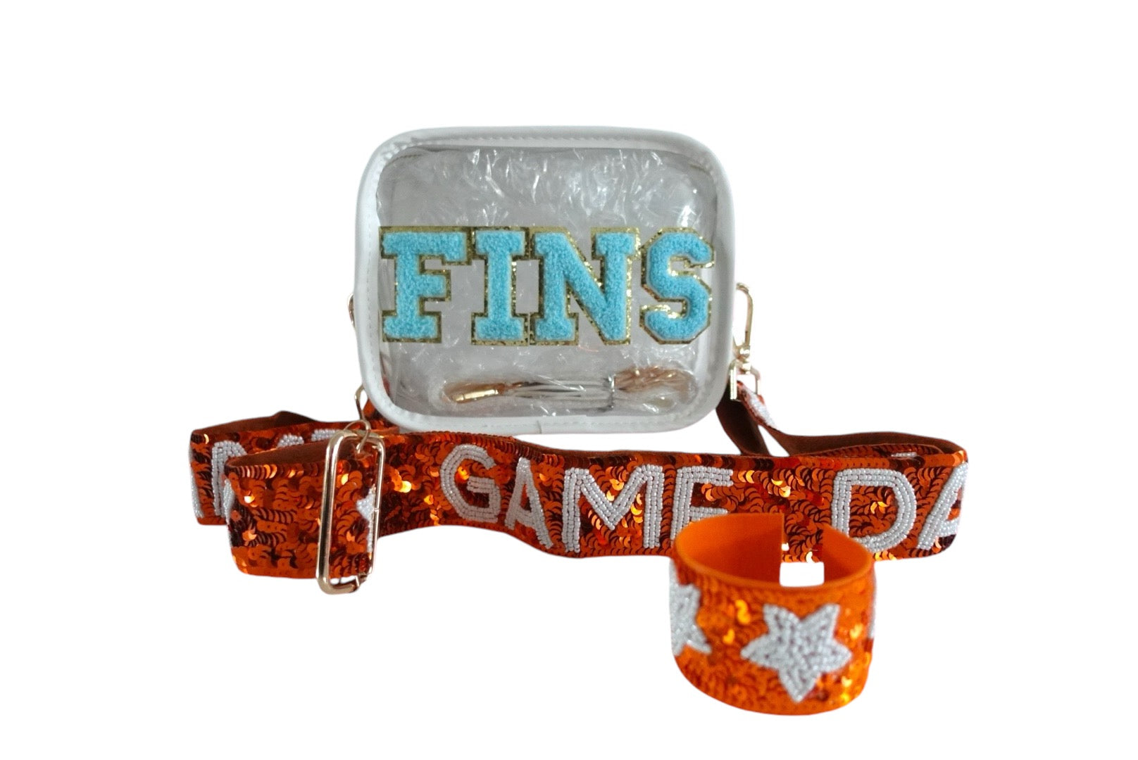 Miami Dolphins game day crossbody bag with beaded strap by Sunkissed by Chrissy, featuring team logo and stylish design.