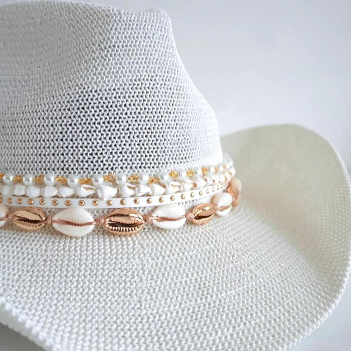 White Coastal cowgirl custom jeweled hat with beach vacation style, perfect for bachelorette or resort wear by Sunkissed by Chrissy