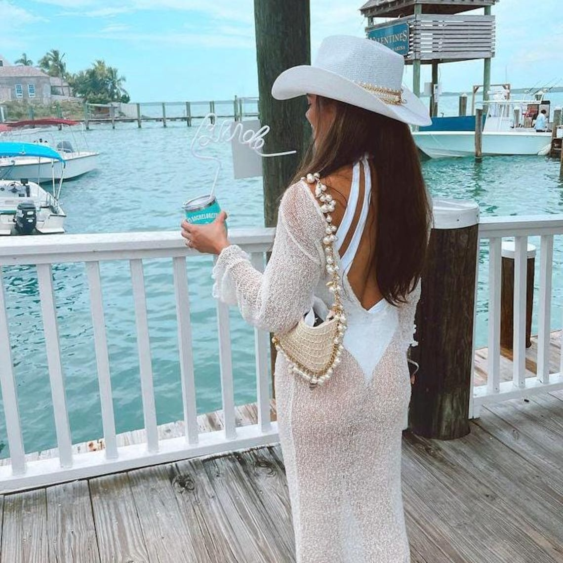 White Coastal cowgirl personalized jeweled hat from Sunkissed by Chrissy, perfect for beach, resort, or bachelorette vacation wear.