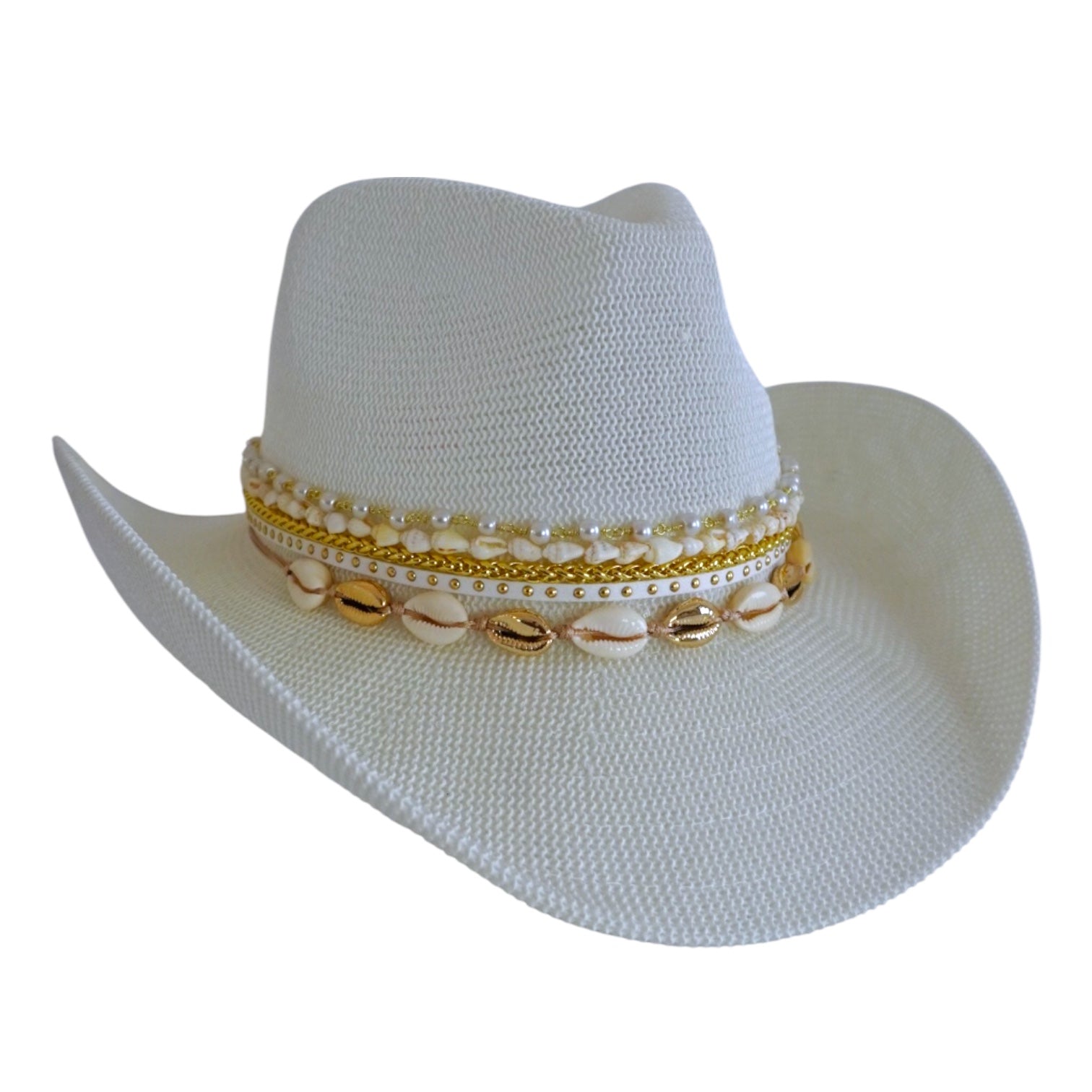 White Coastal cowgirl custom personalized jeweled hat by Sunkissed by Chrissy, perfect for beach and resort bachelorette vacations.
