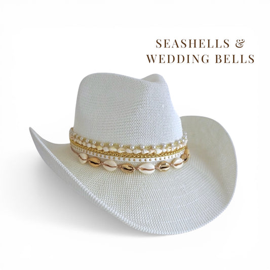 White coastal cowgirl custom jeweled hat by Sunkissed by Chrissy, perfect beach resort wear for bachelorette or vacation.