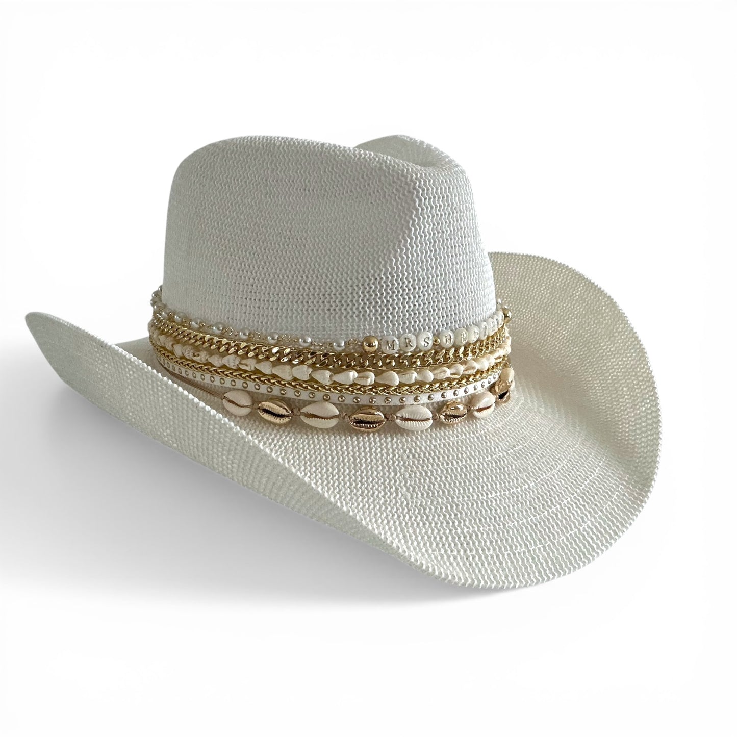 White coastal cowgirl custom personalized jeweled beach hat by Sunkissed by Chrissy, perfect for resort, island, or bachelorette vacation.
