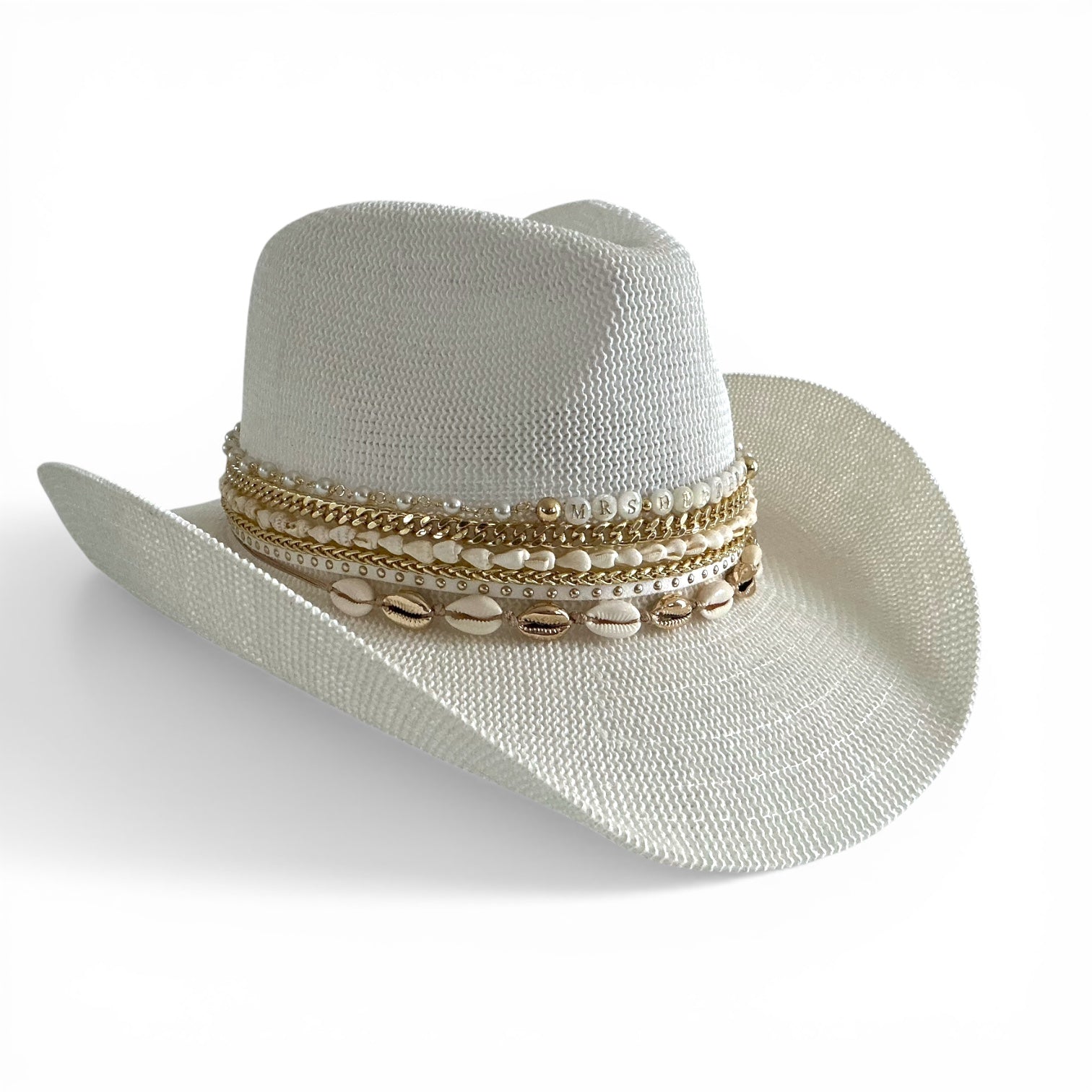 White coastal cowgirl custom personalized jeweled beach hat by Sunkissed by Chrissy, perfect for resort, island, or bachelorette vacation.