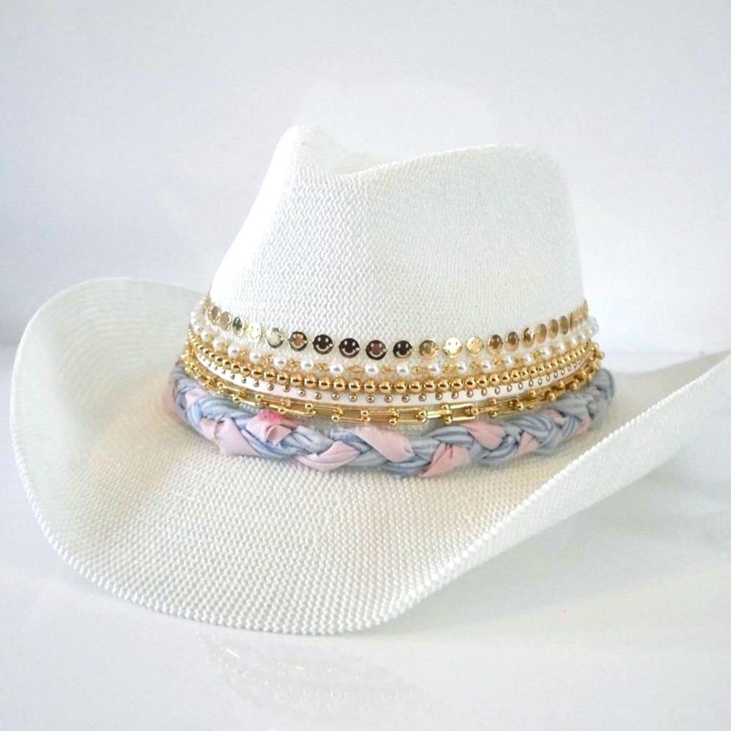 White Shabby Chic Love Shack Fancy cowboy hat with jeweled bow, personalized embellishments, perfect for resort wear and vacations.