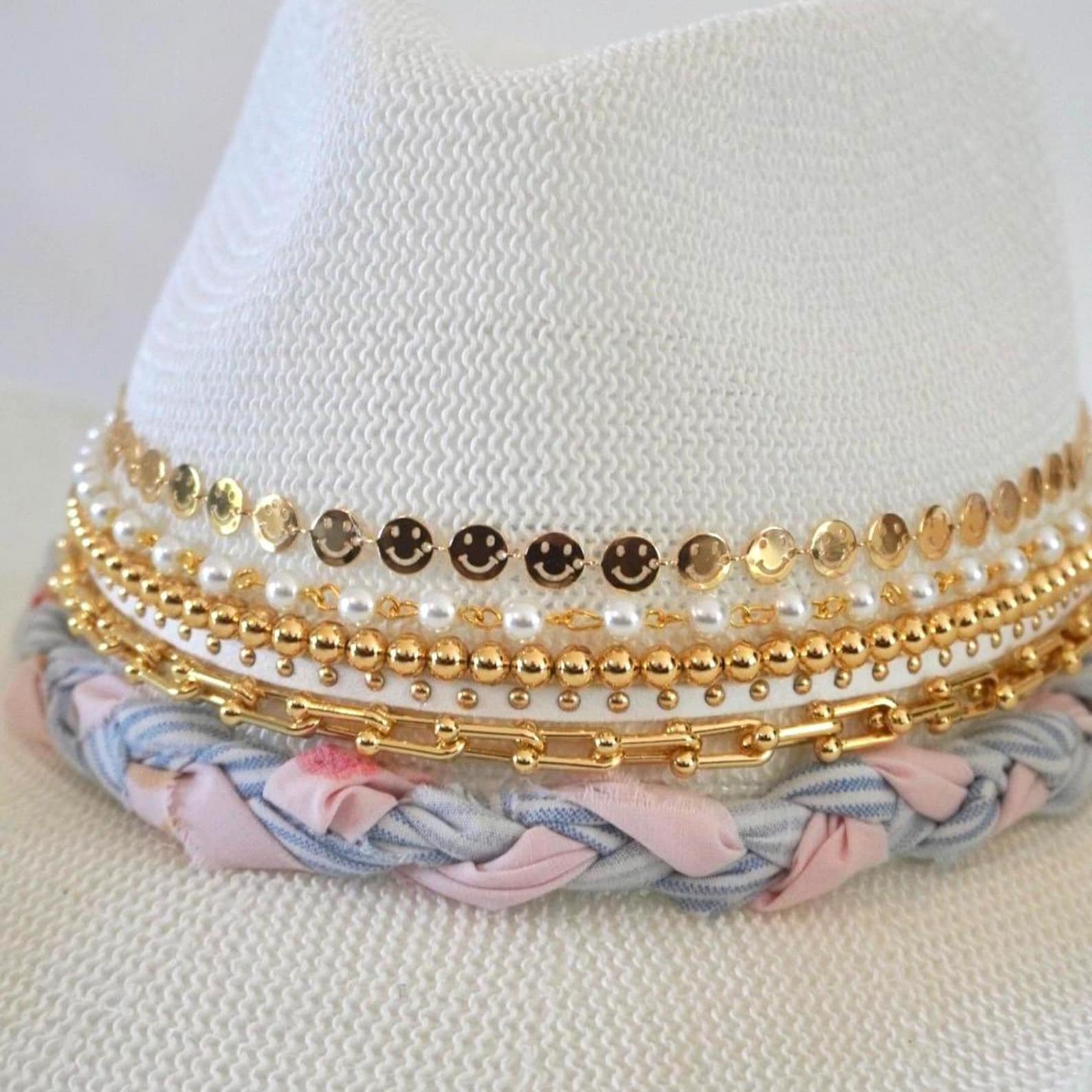 White Shabby Chic Cowboy hat by Sunkissed by Chrissy with jeweled coquette bow, embellished cowgirl style, perfect for resort wear