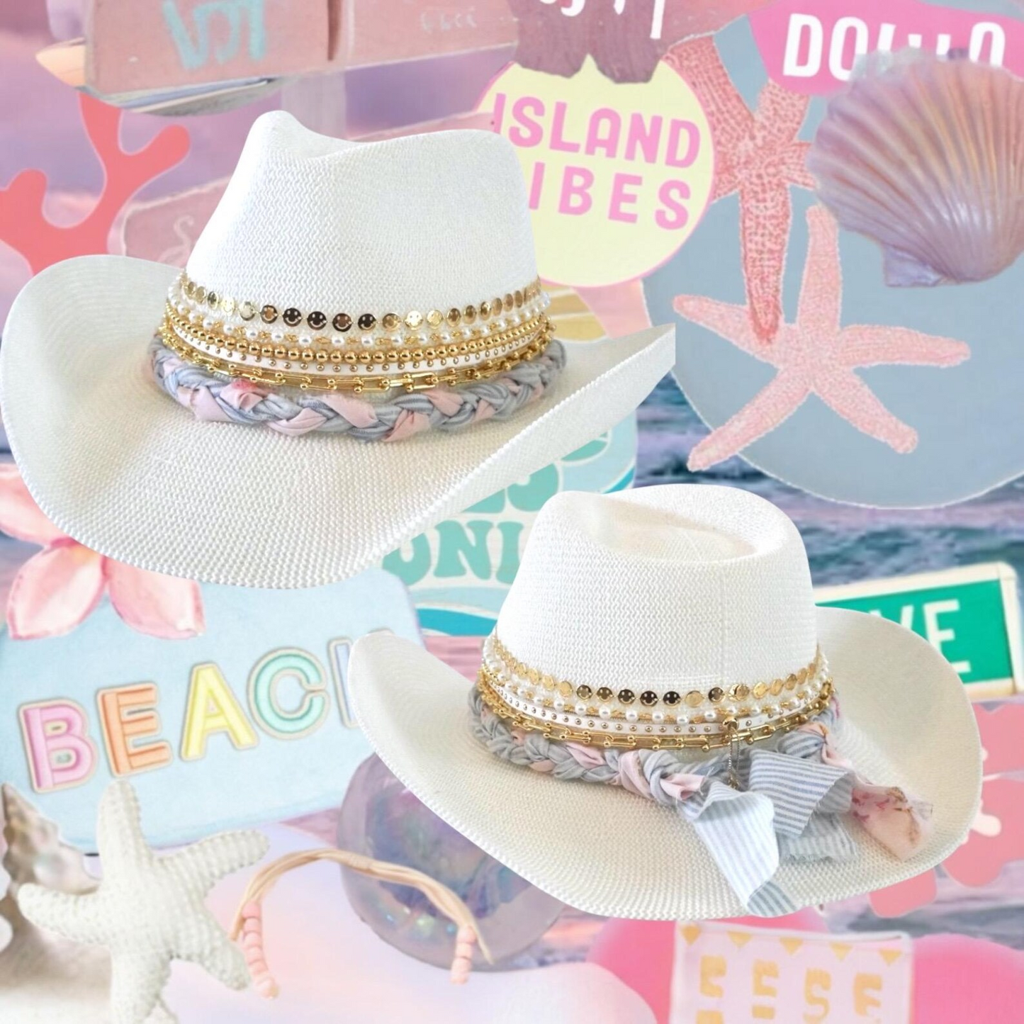 White cowboy hat by Sunkissed by Chrissy with jeweled bow embellishment, perfect for shabby chic, resort, and vacation wear.