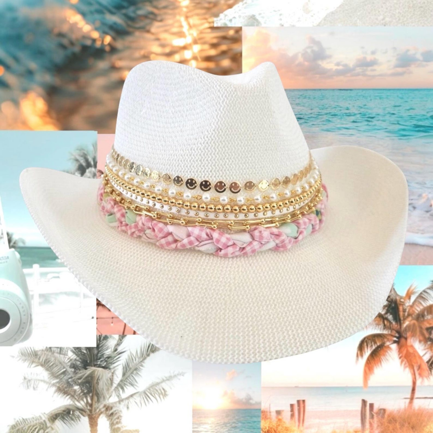 White cowboy hat by Sunkissed by Chrissy with jeweled coquette bow, embellished details, perfect for shabby chic and resort wear.