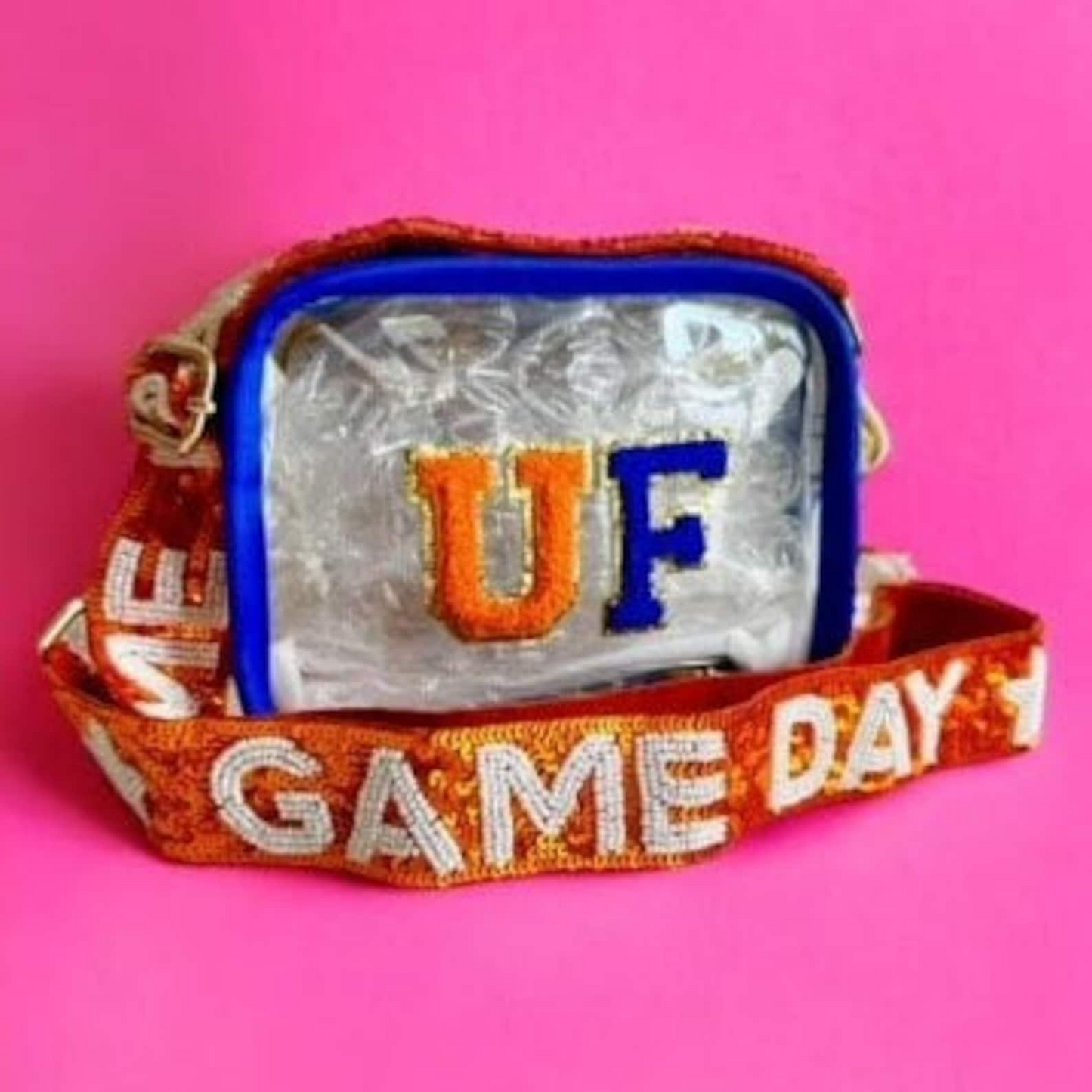 Clear stadium bag featuring UF Gators logo, with a Chomp strap, designed for University of Florida game days, stadium approved.