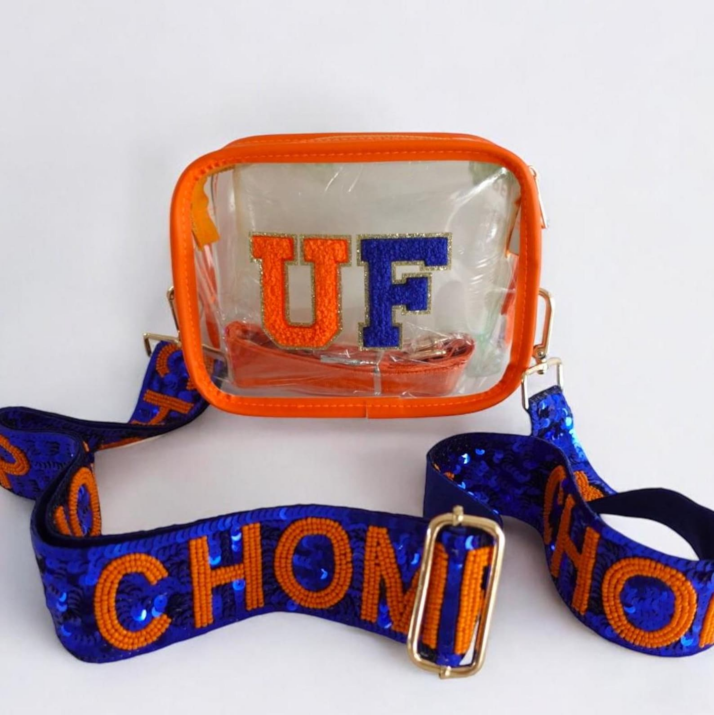 Clear stadium bag featuring UF Gators logo and chomp strap, designed for University of Florida game day events.