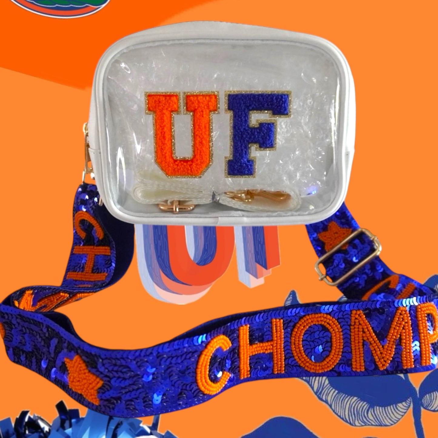 Clear stadium bag featuring UF Gators logo and chomp strap, designed for University of Florida game day, by Sunkissed by Chrissy.