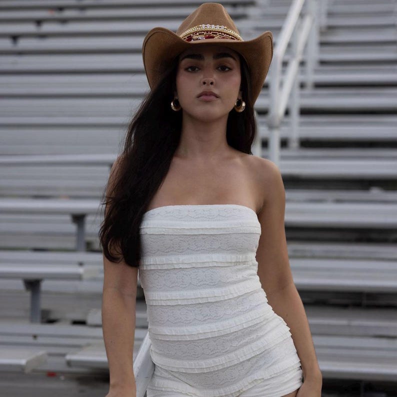 Florida State Seminoles cowgirl hat in garnet and gold, western style for game day and tailgate outfits, by Sunkissed by Chrissy.