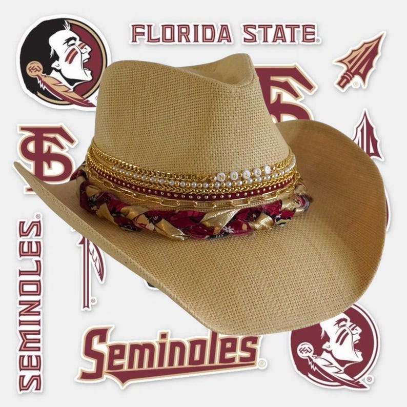 Florida State Seminoles cowgirl hat with garnet and gold colors, western style for game day, by Sunkissed by Chrissy
