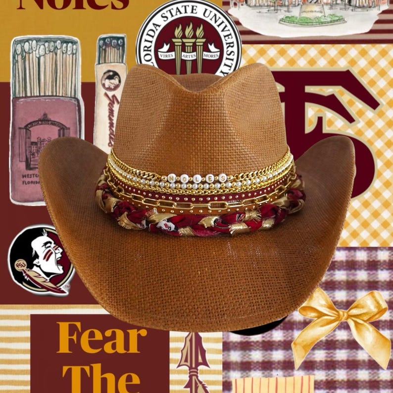 Florida State Seminoles cowgirl hat in garnet and gold, western style for game day, by Sunkissed by Chrissy.