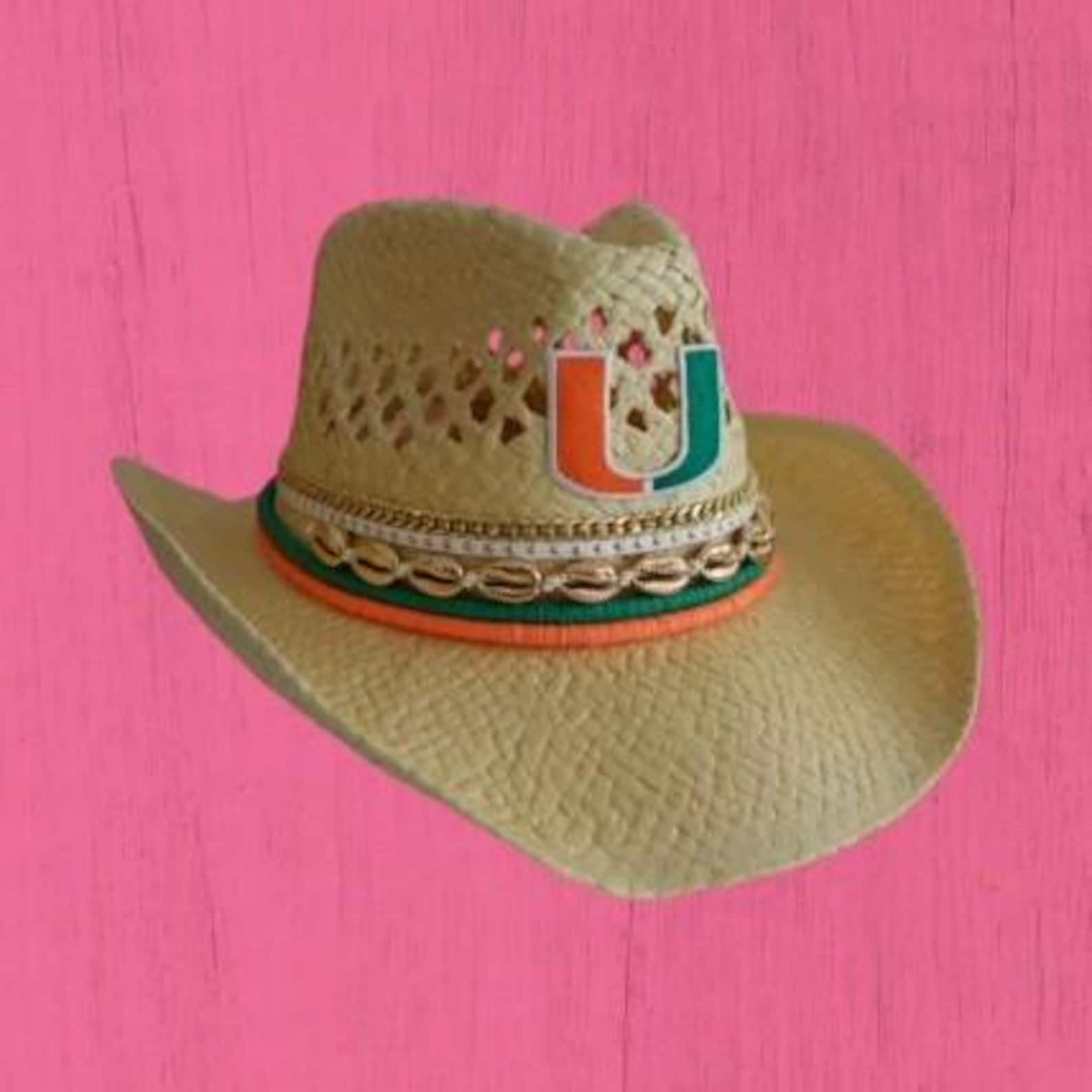 Miami cowboy hat with University of Miami Hurricanes logo, tailgate fan gift, inspired by UMiami team, made by Sunkissed by Chrissy