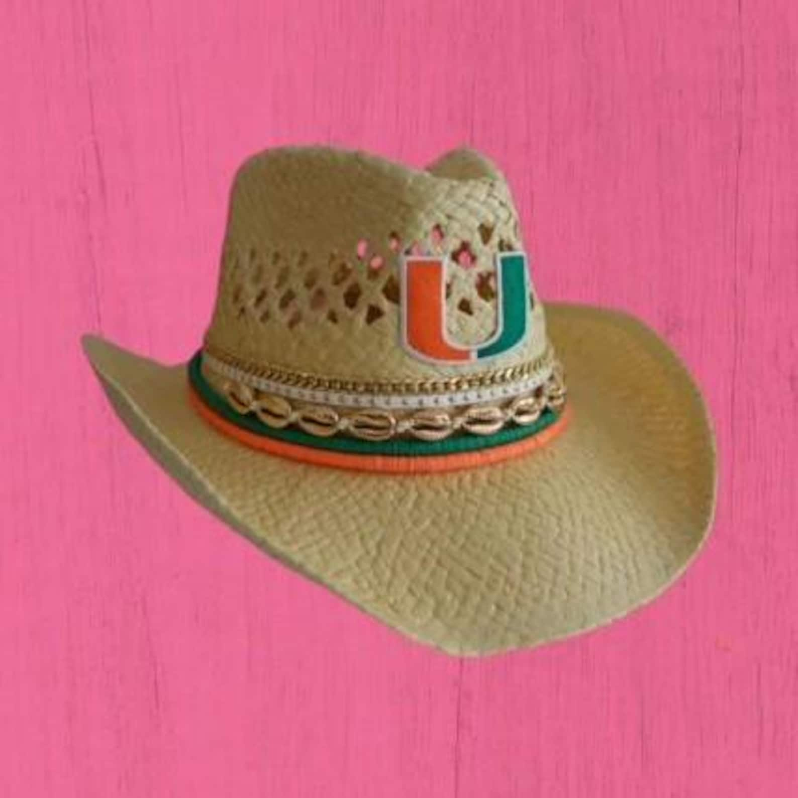 Miami cowboy hat with University of Miami Hurricanes logo, tailgate fan gift, inspired by UMiami team, made by Sunkissed by Chrissy