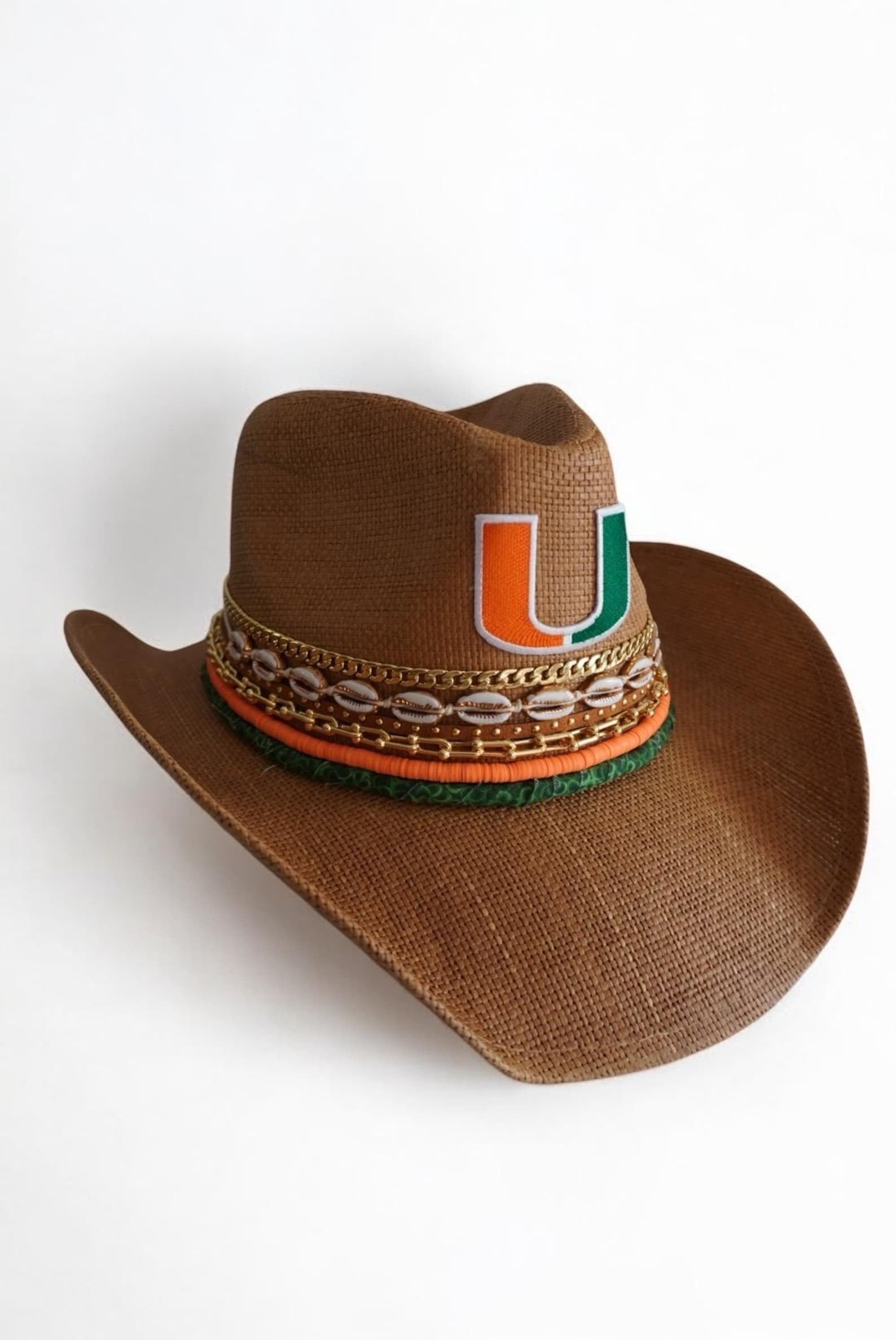 Miami cowboy hat by Sunkissed by Chrissy featuring University of Miami Hurricanes theme, perfect for tailgate events and fans.