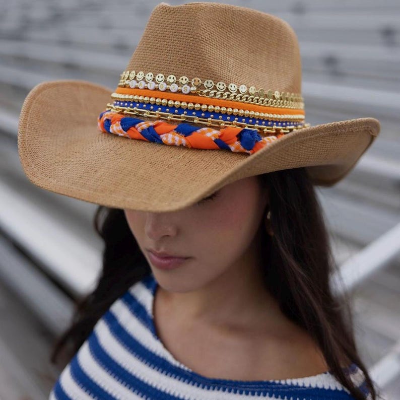 Orange and blue UF Gators cowgirl hat by Sunkissed by Chrissy with university logo, perfect for game day or alumni celebrations.