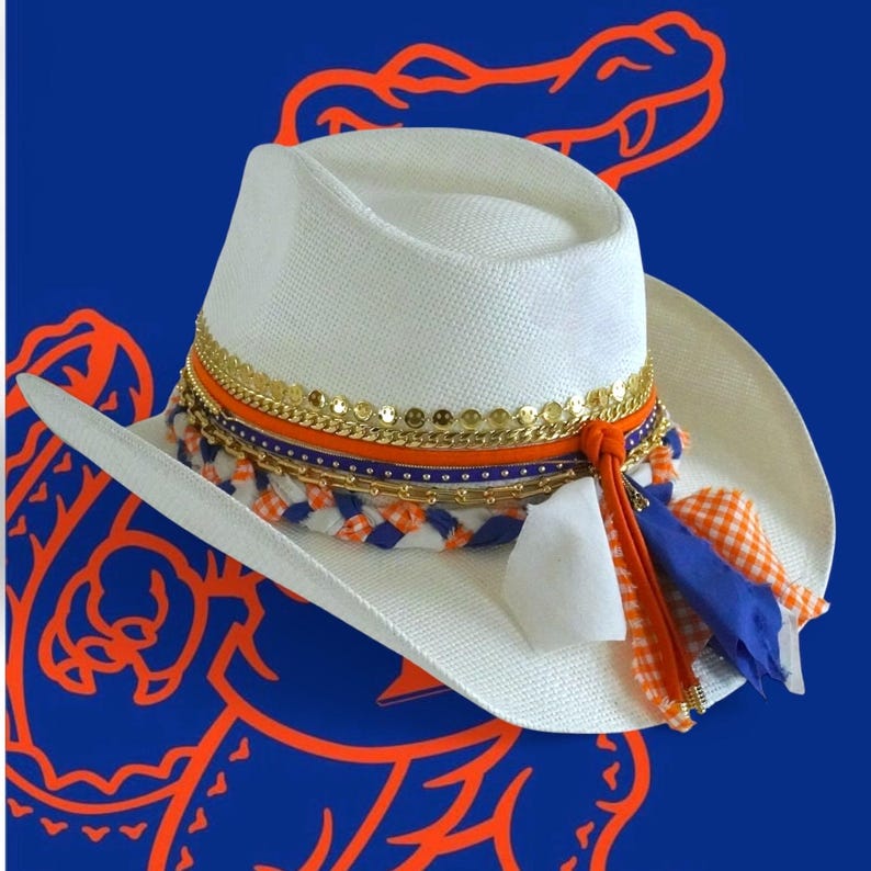 Orange and blue UF Gators cowgirl hat with university logo, western style, perfect for game day or alumni celebrations.
