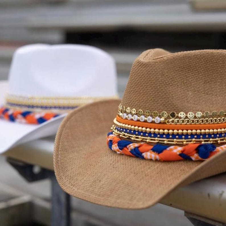 Orange and blue UF Gators cowgirl hat by Sunkissed by Chrissy featuring Gators logo, perfect for game day or alumni events