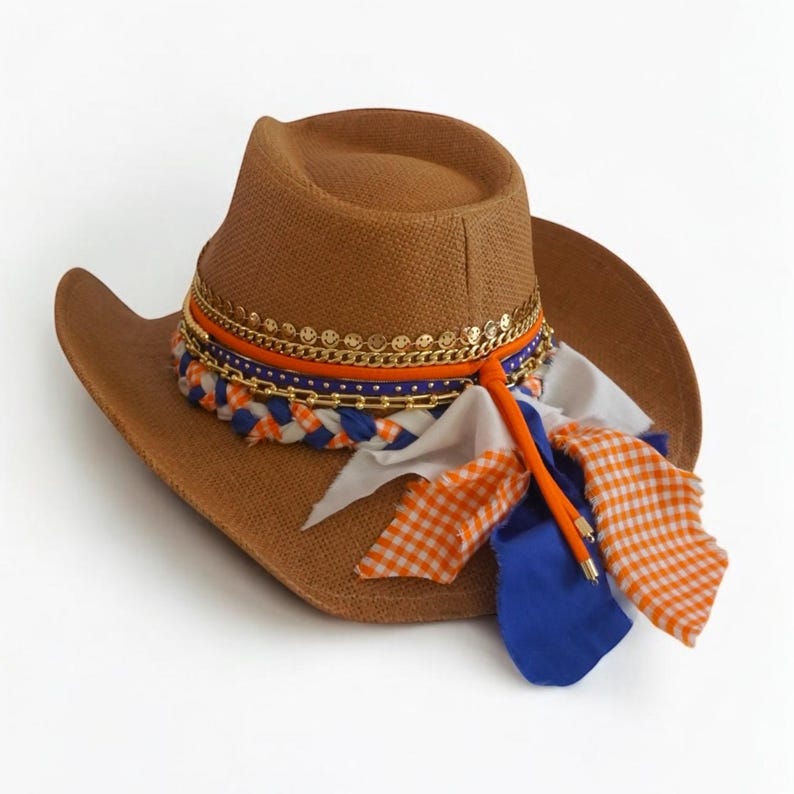 Florida Gators cowgirl hat in orange and blue, western style with UF Gators logo, perfect for game day or alumni events.