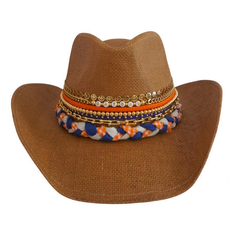Florida Gators cowgirl hat in orange and blue with Gators logo, western style, perfect for game day or alumni gift.