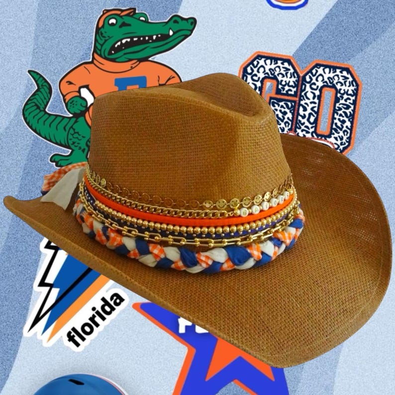 Orange and blue UF Gators cowgirl hat with university logo, Western style for game day or alumni celebrations.