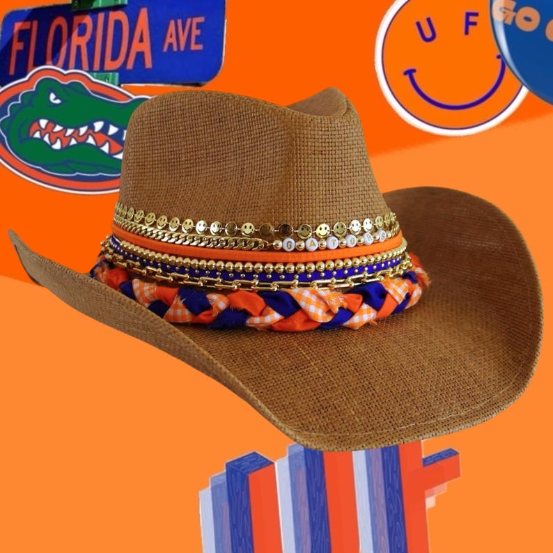 Orange and blue UF Gators cowgirl hat with university logo, western style, perfect for game day or alumni celebrations.