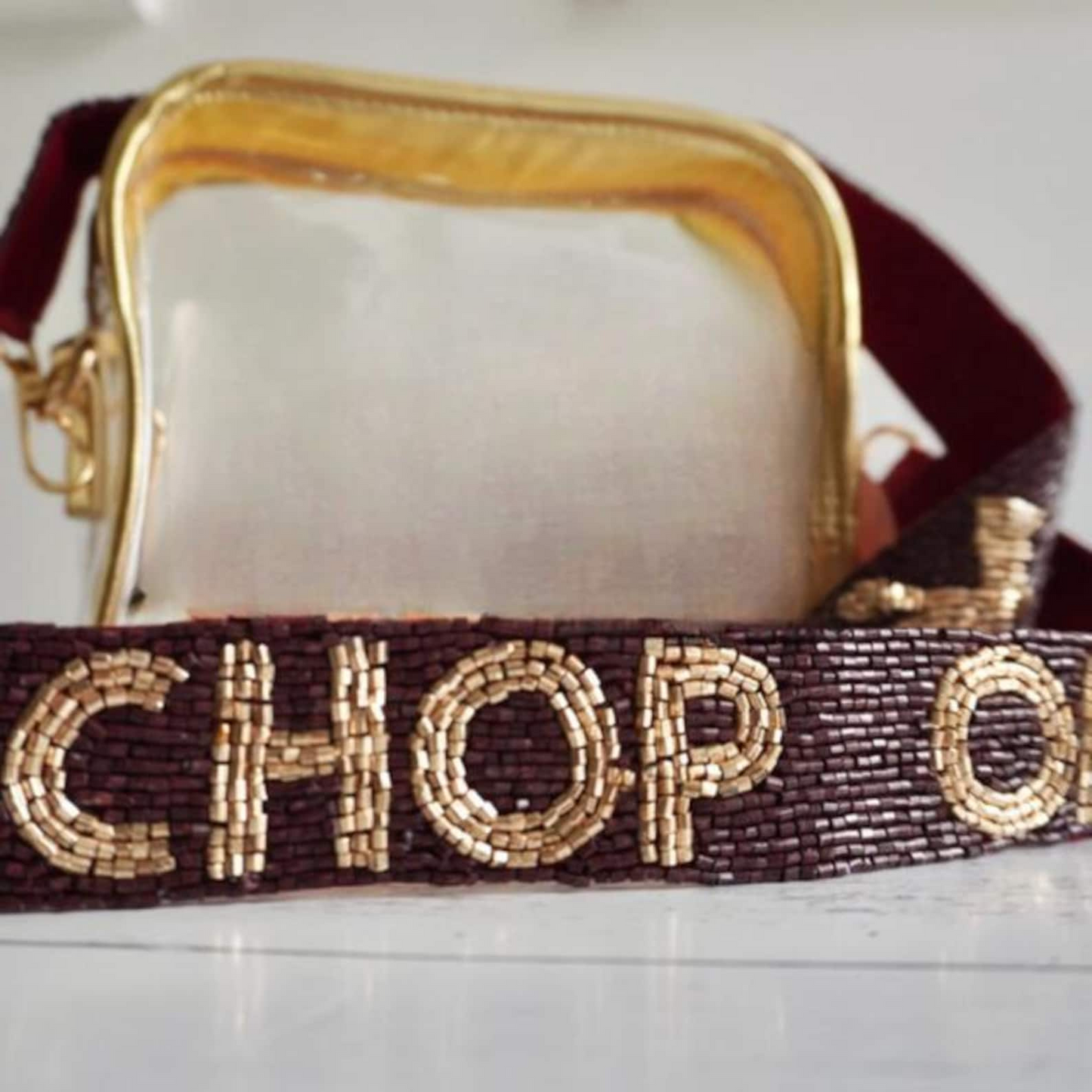 Florida State Game Day clear stadium bag with sequined garnet and gold strap, crossbody style, perfect for concerts and sporting events.